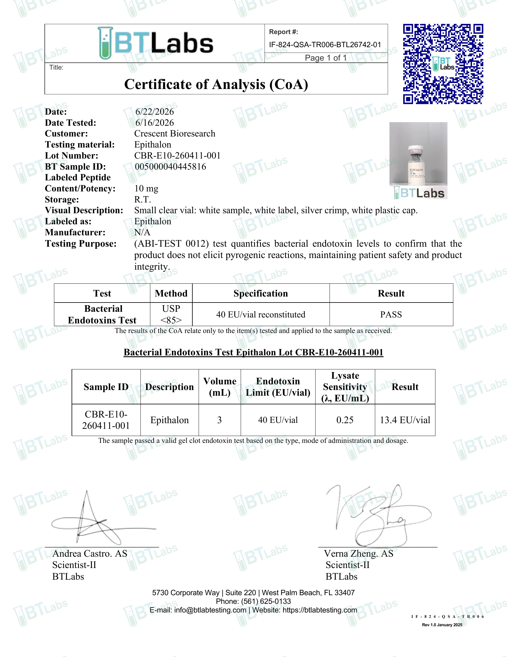 Signed Certificate of Analysis page 3 — endotoxin gel-clot (USP <85>) test page (BTLabs CBR-E10-260411-001)