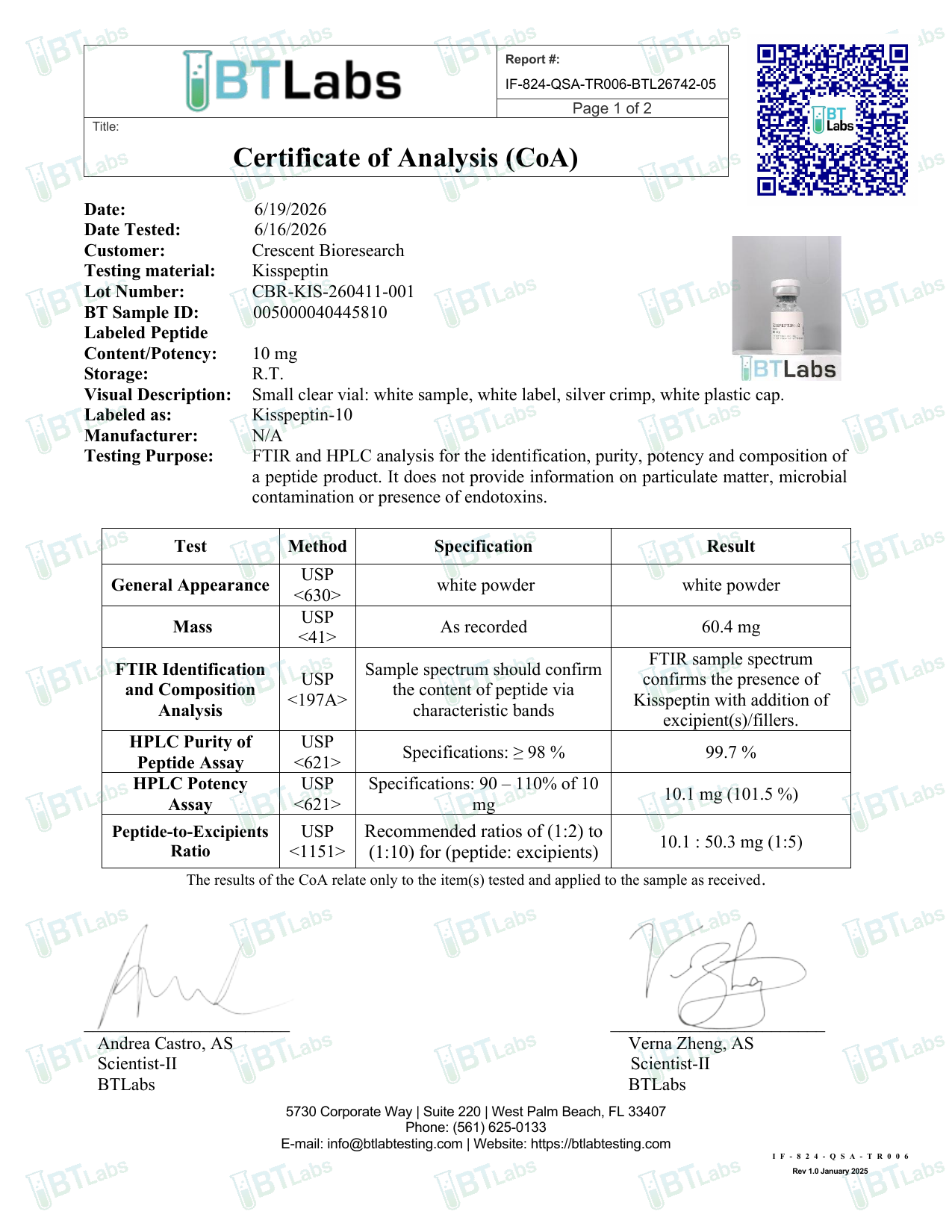 Signed Certificate of Analysis page 1 — purity, potency, identity (BTLabs CBR-KIS-260411-001)