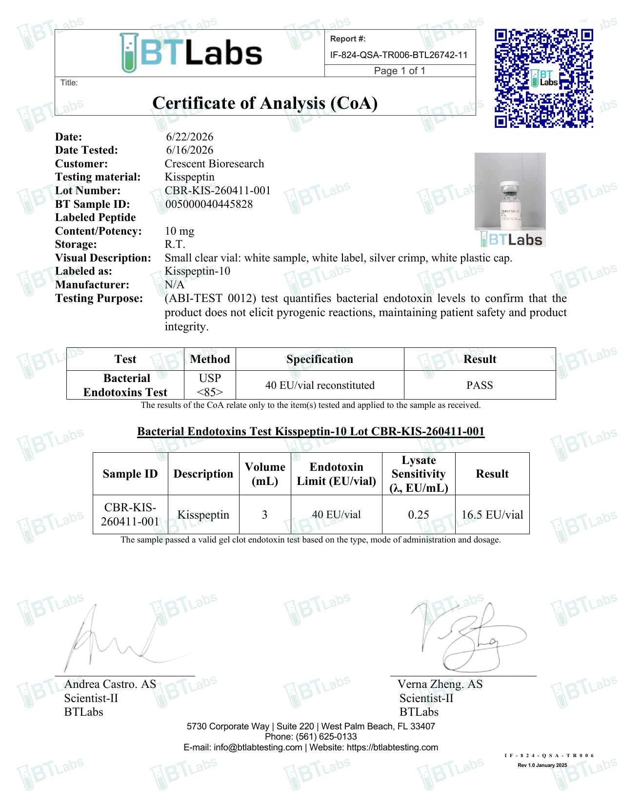 Signed Certificate of Analysis page 3 — endotoxin gel-clot (USP <85>) test page (BTLabs CBR-KIS-260411-001)